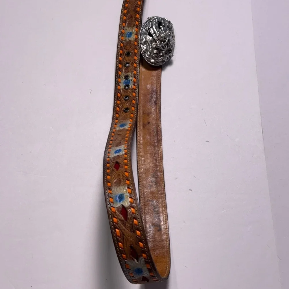 Heavy Leather Western Belt Mens‎ 44 Thai Dragon Stainless Steel Buckle